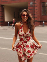 Red Printed Neck Scarf Halter Mini Dress